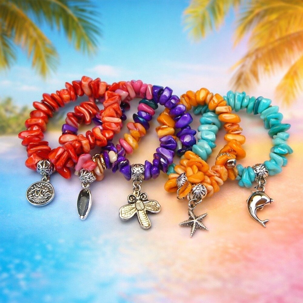Handmade Colorful Shell Chip Stretch Bracelets With Silver Charms - Set Of 5